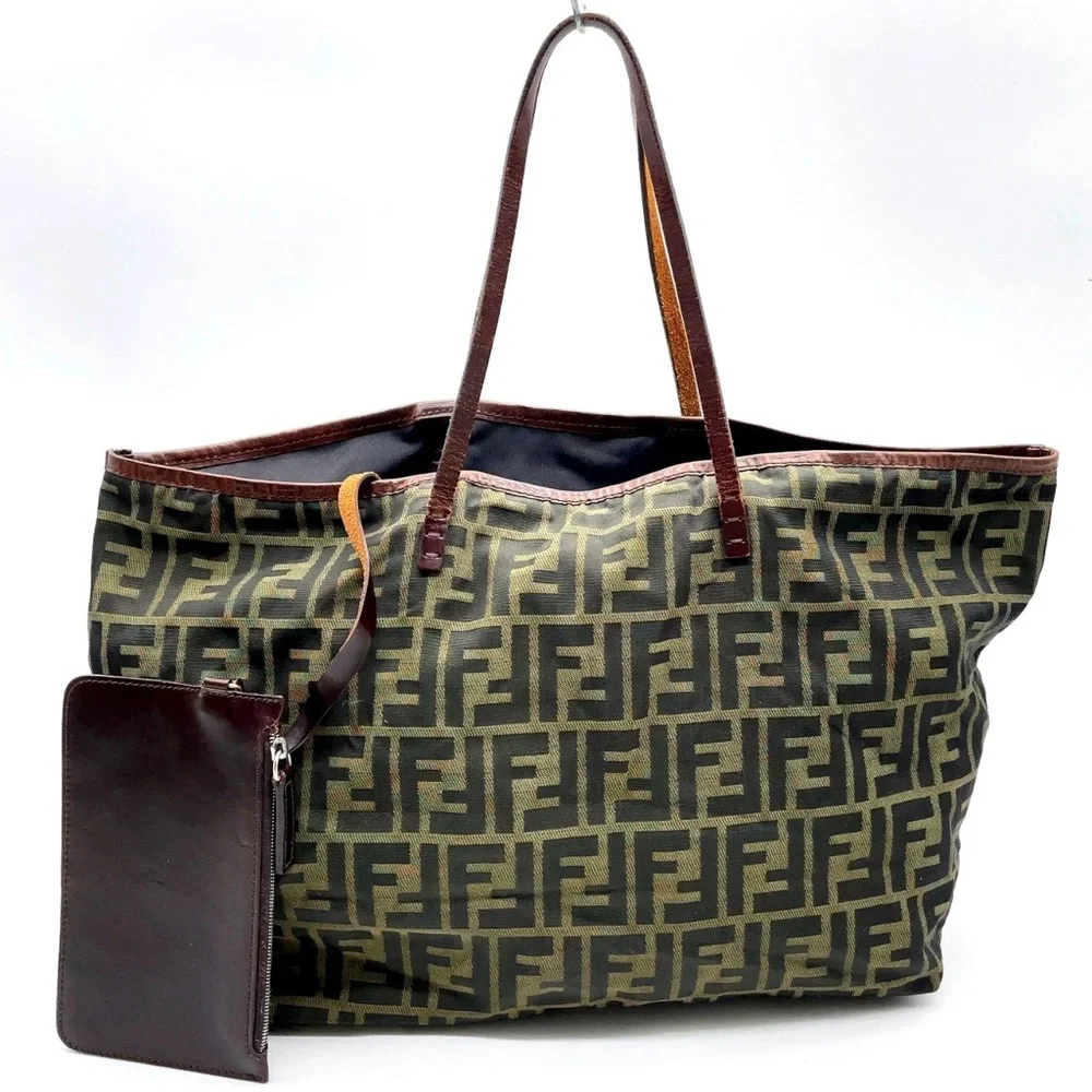 Authentic Fendi Zucca Nylon Leather Khaki Tote Bag W/Pouch
